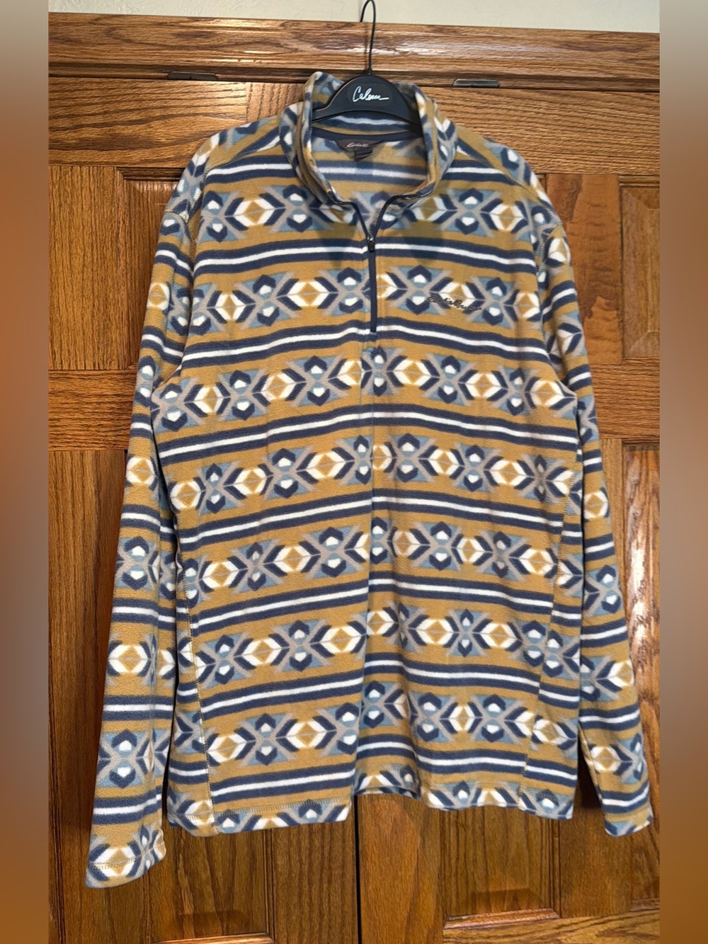 Eddie Bauer Men’s Fleece Quarter‑Zip Jacket in Mustard, Blue, White Pattern